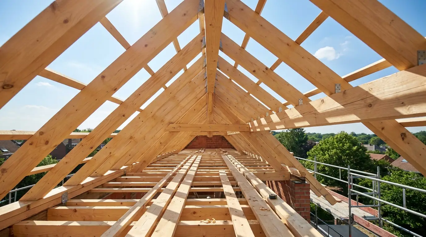 Charpente bois traditionnelle — Belgique (01) Charpente en bois neuve traditionnelle vue de l'intérieur sous toit, réalisée par un charpentier en Belgique