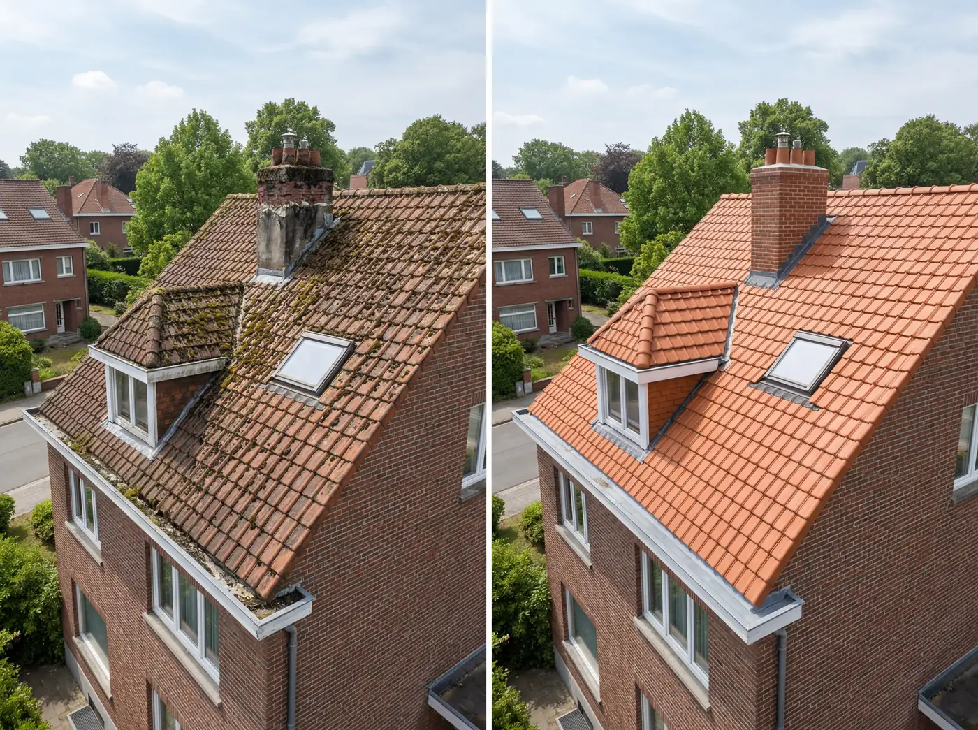 Démoussage de toiture — Avant / Après (01) Comparaison avant/après d'un démoussage de toiture en tuiles à Bruxelles, mousses éliminées et toiture ravivée