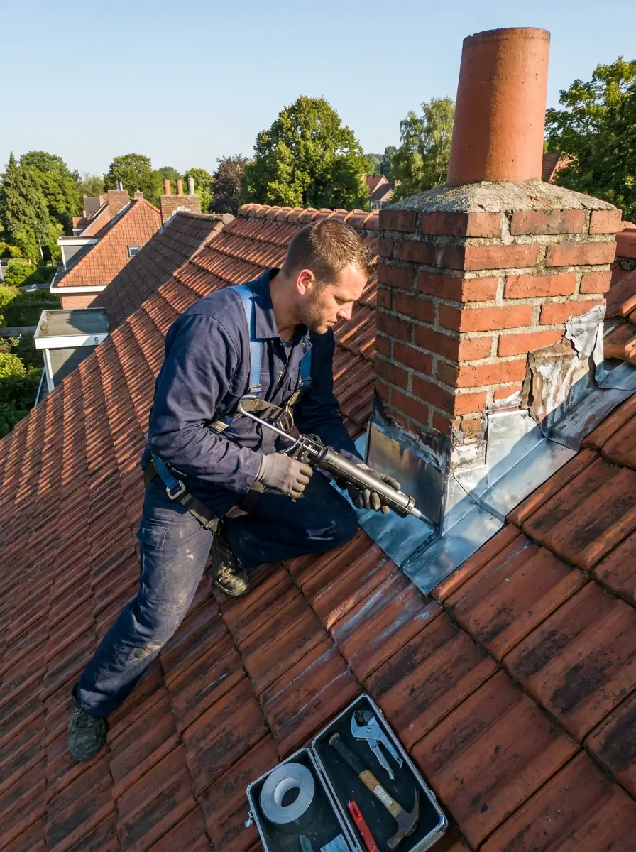 Étanchéité de cheminée — Solins zinc (01) Couvreur en action posant des solins en zinc autour d'une cheminée en briques sur une toiture en tuiles