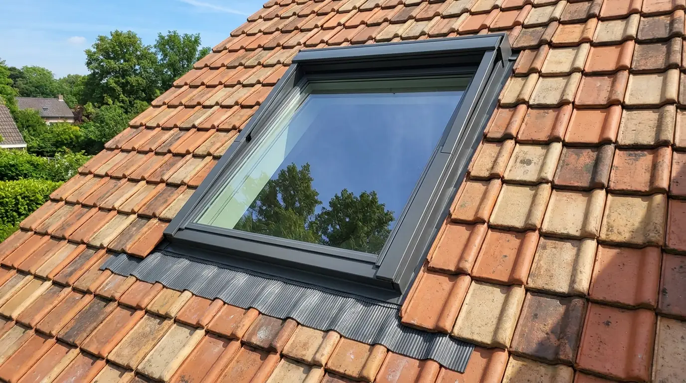 Pose de Velux — Fenêtre de toit à Auderghem (01) Fenêtre de toit Velux installée sur une toiture en tuiles d'argile, pose étanche par un couvreur à Auderghem
