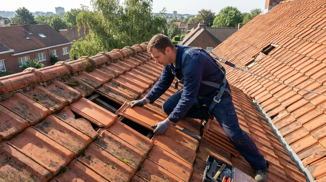 Réparation de toiture — Remplacement de tuiles (01) Couvreur en intervention remplaçant des tuiles cassées sur une toiture en tuiles, réparation rapide à Auderghem
