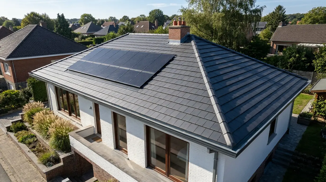 Toiture neuve avec panneaux solaires (01) Vue drone d'une toiture neuve en tuiles anthracite avec panneaux solaires intégrés, pose par un couvreur en Belgique